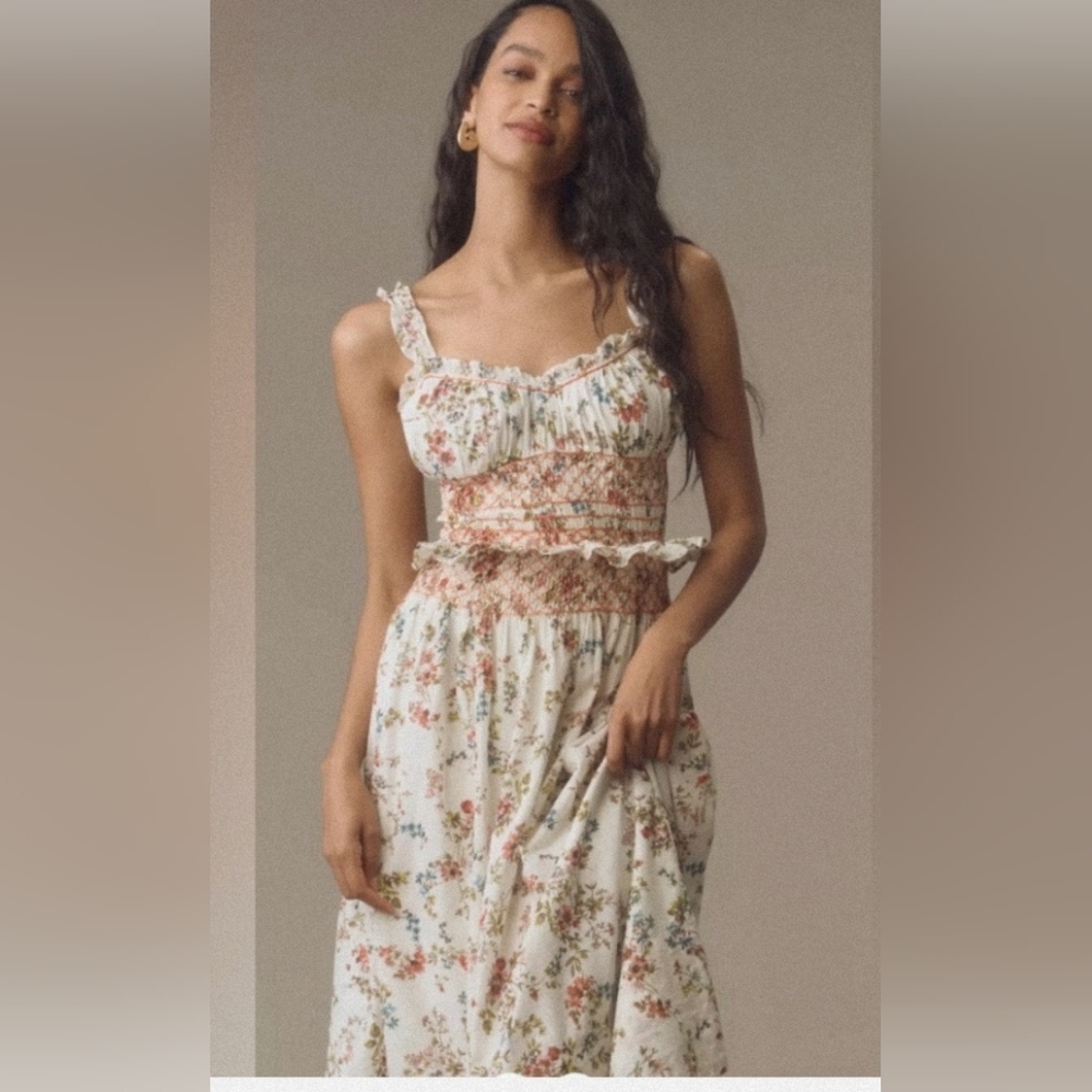 NWT By Anthropologie Sleeveless Smocked Waist Ruffled Midi Dress Size XS